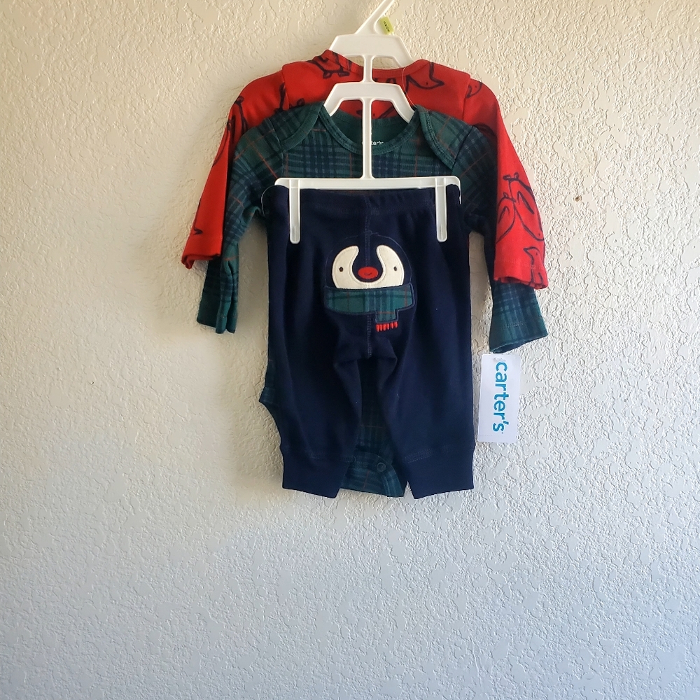 Carters 3 piece set Baby Boy Size 3 months Penguin Red, Green, Blue New‎